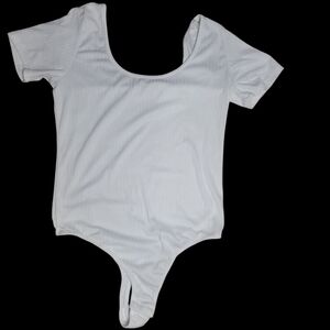 Y2K Eye Candy Women's White Ribbed Slim Fit Stretchy Short Sleeve Bodysuit, M